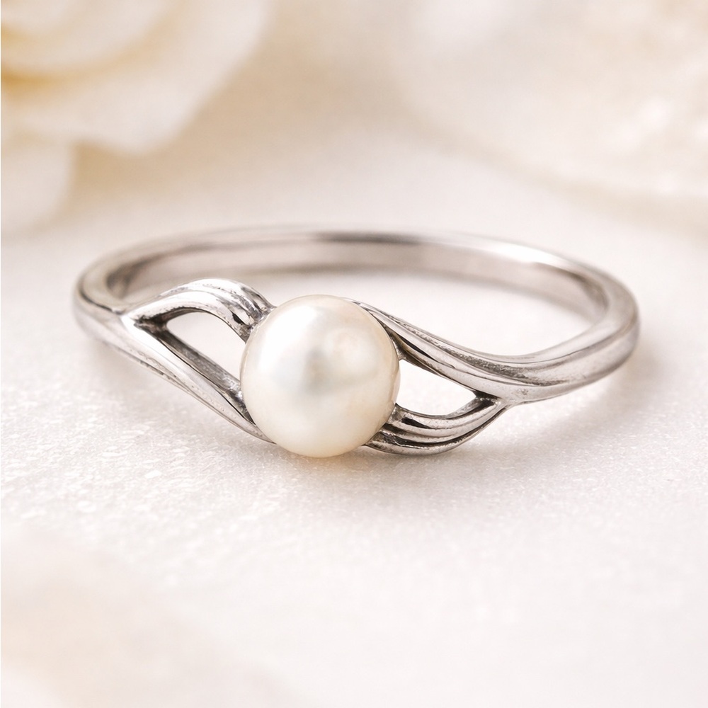 Vintage Sterling Silver Filigree Openwork Solitaire Pearl Ring 6.5